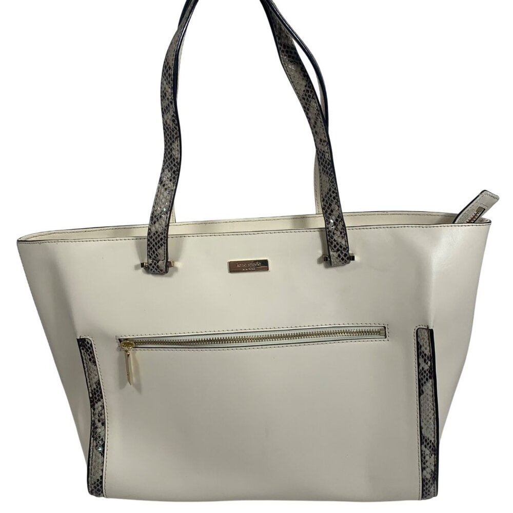 Kate Spade Structured Work Zip Top Ivory Leather Tote Snake Print Handles/Trim